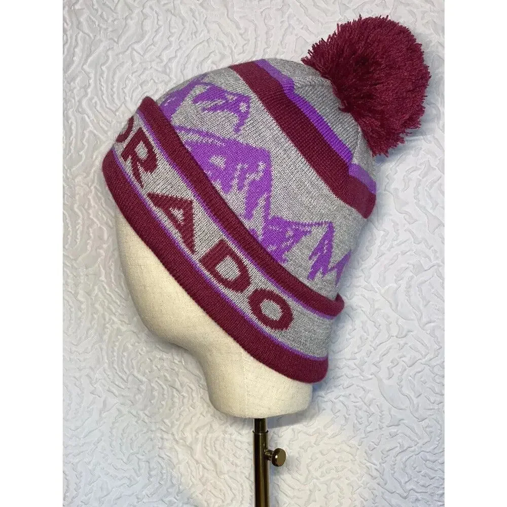 Colorado Beanie Pom Pom Maroon purple Acrylic One Size Fits Most - Picture 7 of 15